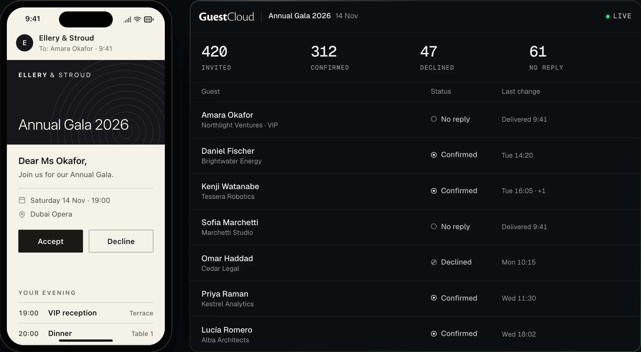 A guest’s invitation on a phone beside the live guest list your team sees