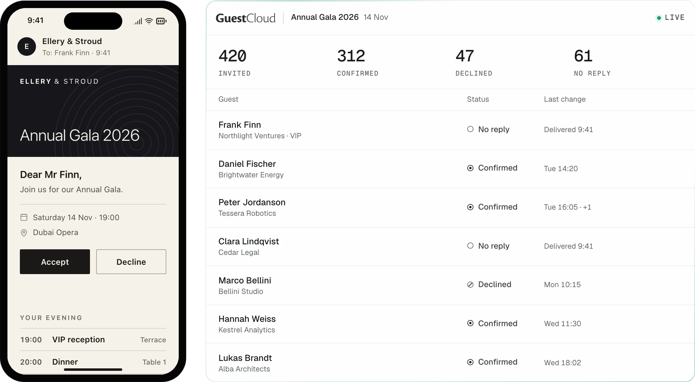 A guest’s invitation on a phone beside the live guest list your team sees