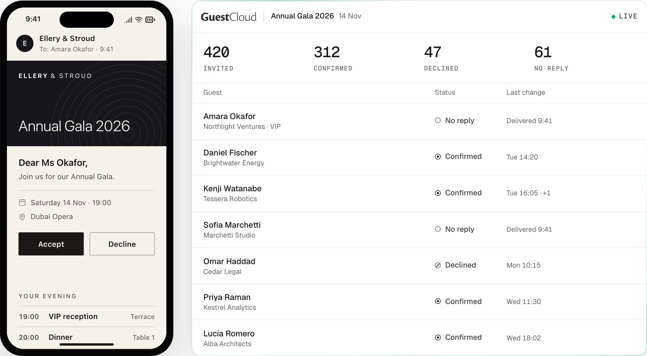 A guest’s invitation on a phone beside the live guest list your team sees