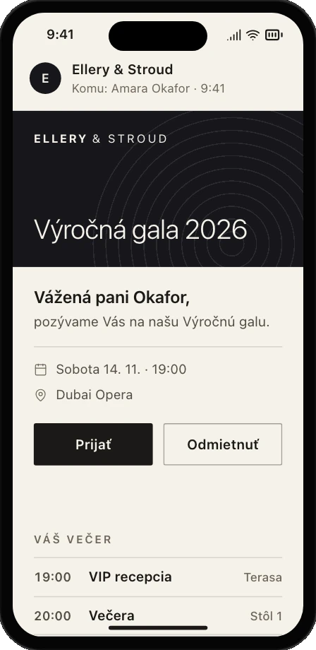 Pozvánka hosťa v telefóne pod značkou klienta, s tlačidlami Prijať a Odmietnuť