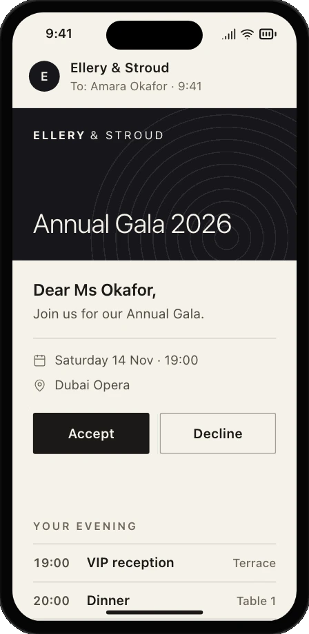 A guest’s invitation on a phone in the client’s brand, with Accept and Decline