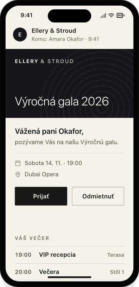 Pozvánka hosťa v telefóne pod značkou klienta, s tlačidlami Prijať a Odmietnuť