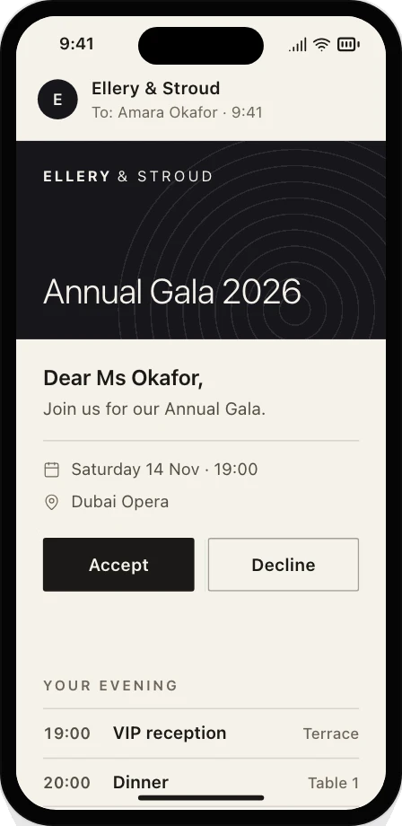 A guest’s invitation on a phone in the client’s brand, with Accept and Decline