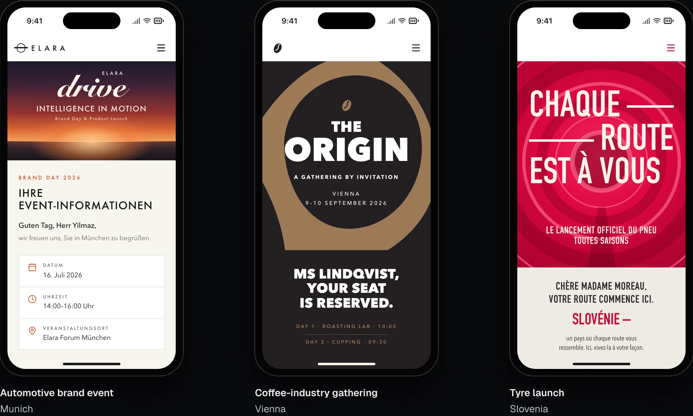 Event websites we built, client brands removed, each greeting one guest by name in their language