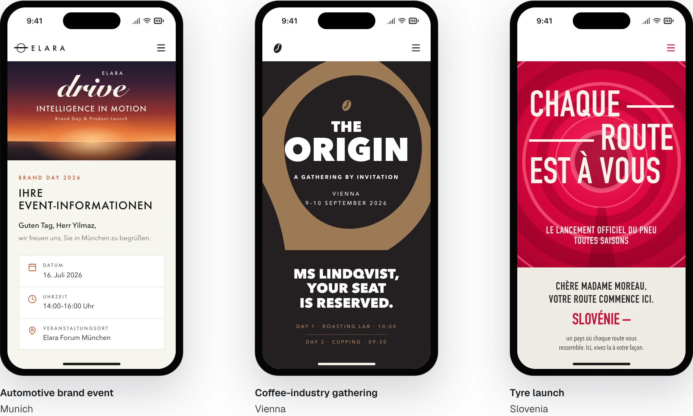 Event websites we built, client brands removed, each greeting one guest by name in their language